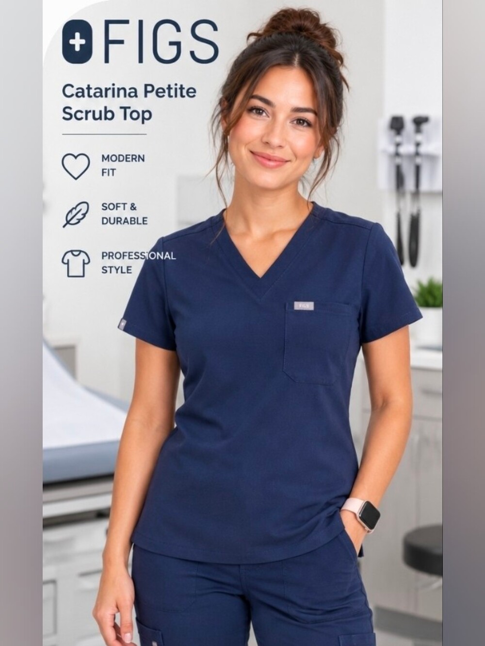 FIGS Catarina Petite Scrub Top Navy Blue XS One Pocket V-Neck Women’s